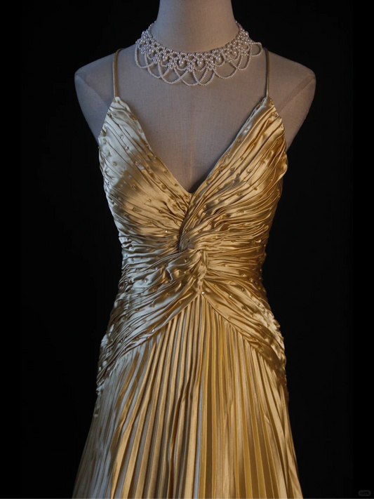 Gold Straps A-Line Satin Beading Long Prom Dress Vintage Evening Dress, D600