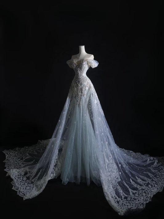 Stunning Off Shoulder Tulle Beading Mermaid Long Prom dress Wedding Dress, D602