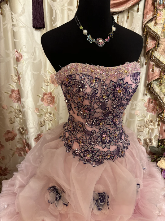 Hellrosa trägerloses A-Linien-Abendkleid mit Perlenbesatz im Vintage-Stil, langes Ballkleid, D607