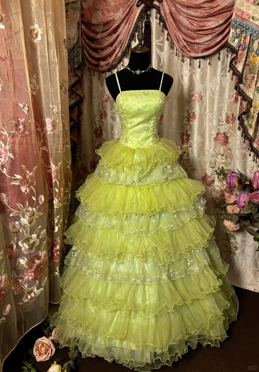 Grasgrünes A-Linien-Abendkleid mit Stufenmuster im Vintage-Stil, lang, D608