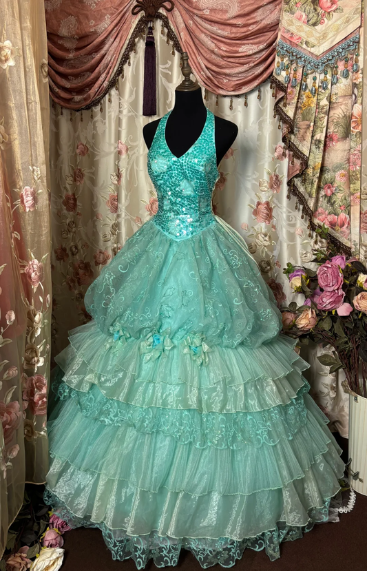 Tiffany Blue Halter A-Line Lace Sequins Vintage Long Prom Dress Evening Gown, D611