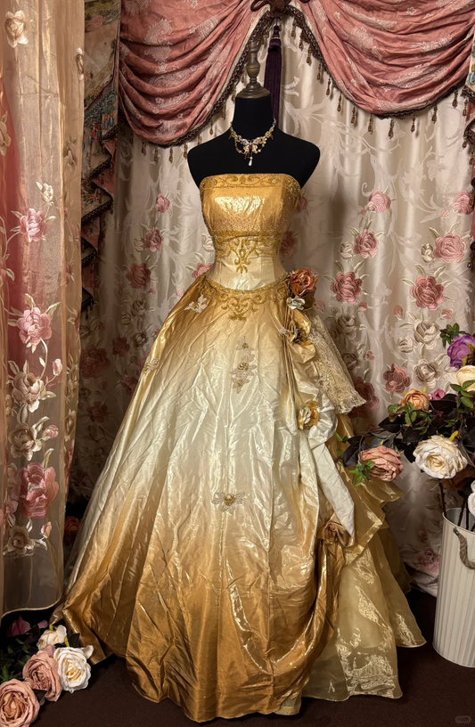 Trägerloses A-Linien-Abendkleid aus Satin mit Farbverlauf und Perlenbesatz im Vintage-Stil, lang, Partykleid, D613