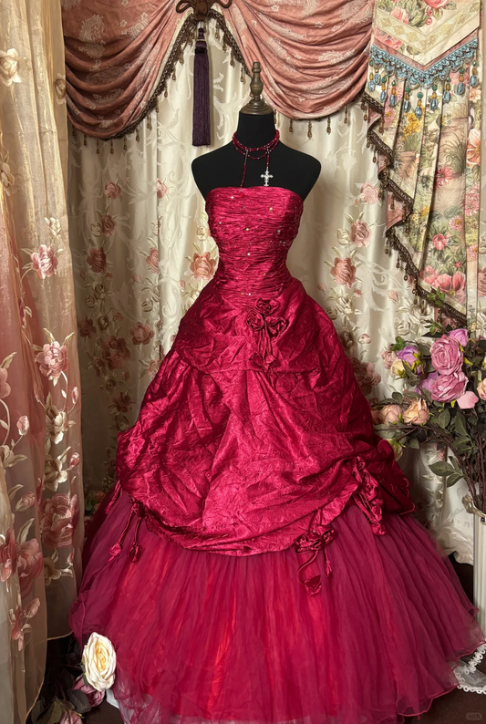 Wine Red Strapless A-Line Satin Vintage Long Party Dress Evening Gown, D614