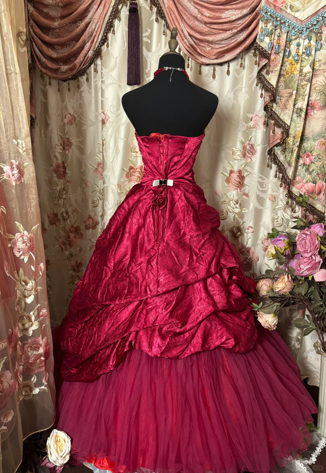 Wine Red Strapless A-Line Satin Vintage Long Party Dress Evening Gown, D614