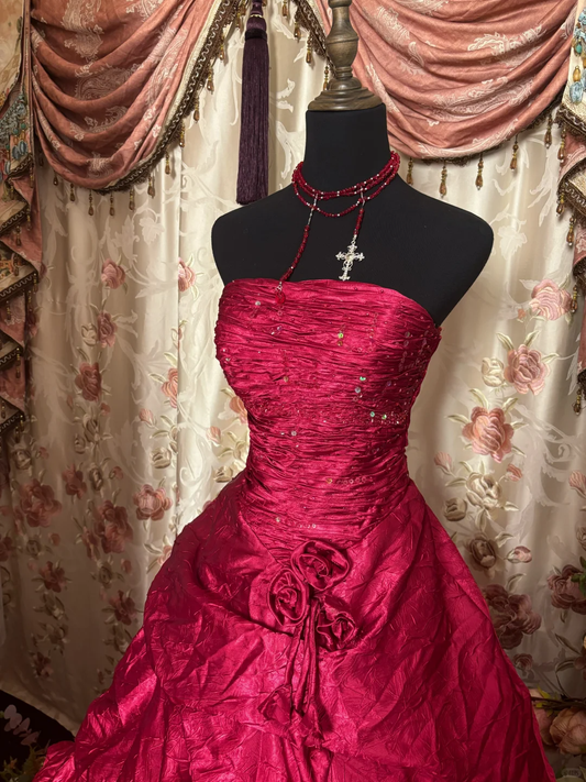 Wine Red Strapless A-Line Satin Vintage Long Party Dress Evening Gown, D614
