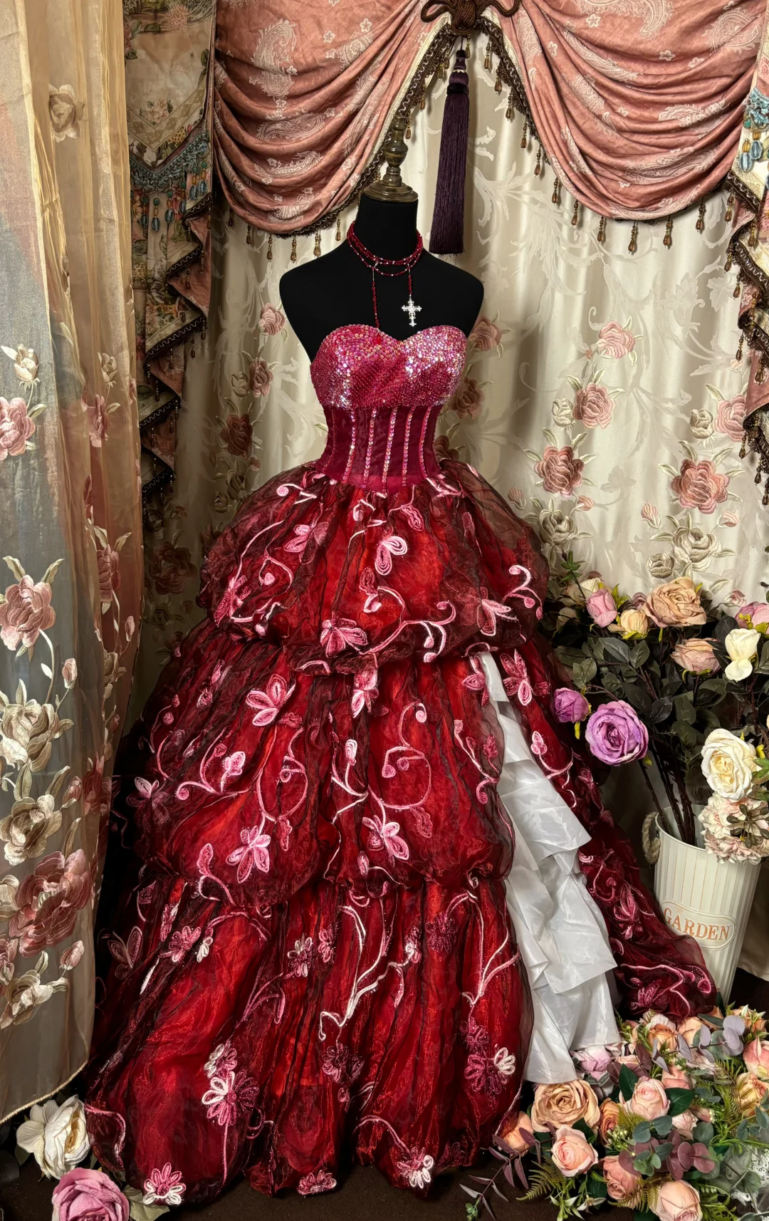 Wine Red Sweetheart A-Line Floral Vintage Long Party Dress Evening Gown, D615