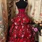 Wine Red Sweetheart A-Line Floral Vintage Long Party Dress Evening Gown, D615