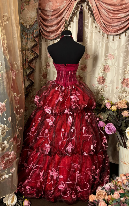 Wine Red Sweetheart A-Line Floral Vintage Long Party Dress Evening Gown, D615