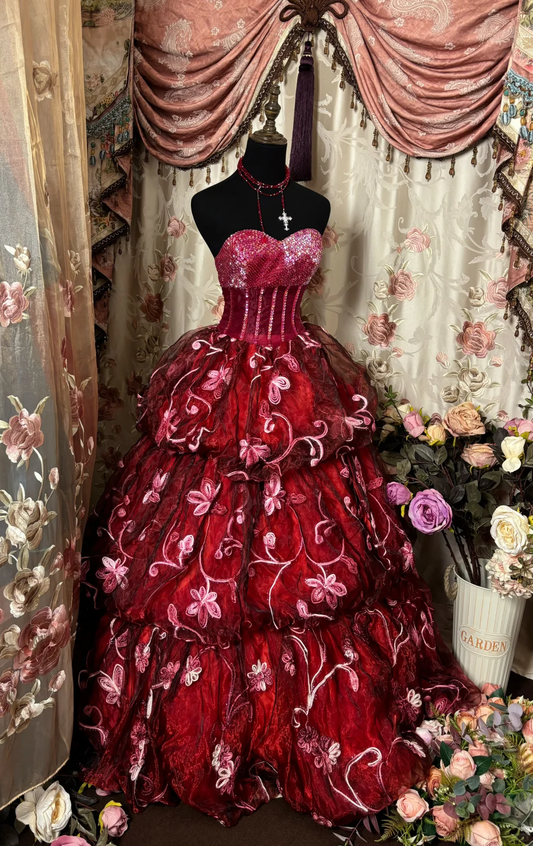 Wine Red Sweetheart A-Line Floral Vintage Long Party Dress Evening Gown, D615