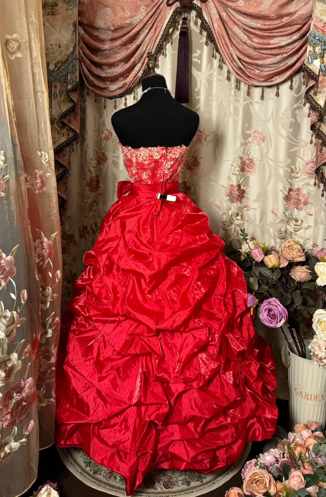 Retro Red Strapless A-Line Satin Vintage Long Party Dress Evening Gown, D616