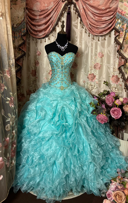 Tiffany Blue Strapless Beading Organza Vintage Long Party Dress Evening Gown, D617