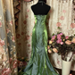 Retro Green Strapless Organza Tiered Sheath Long Party Dress Evening Gown, D619
