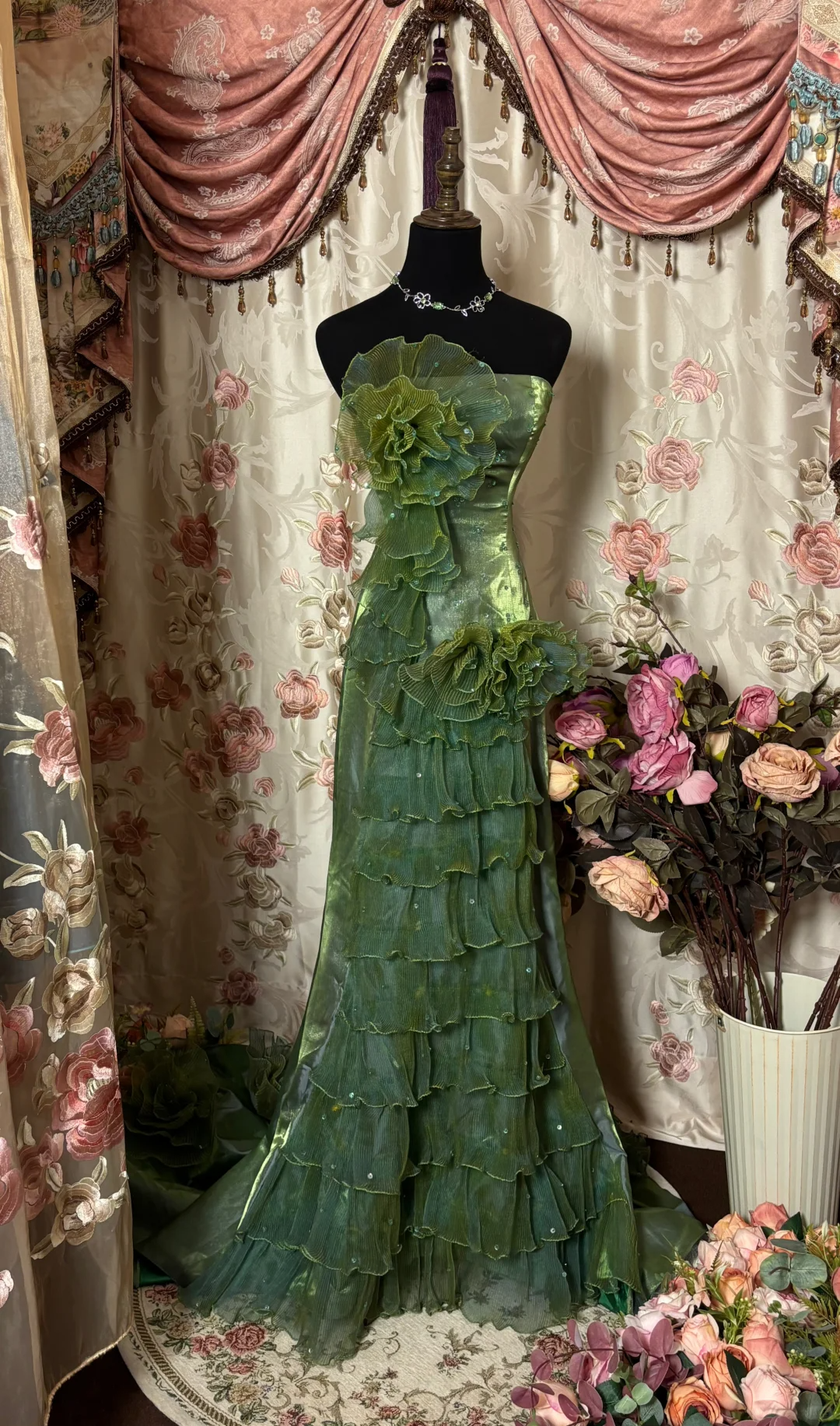 Retro Green Strapless Organza Tiered Sheath Long Party Dress Evening Gown, D619