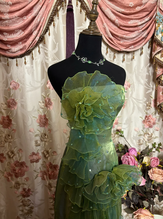 Retro Green Strapless Organza Tiered Sheath Long Party Dress Evening Gown, D619
