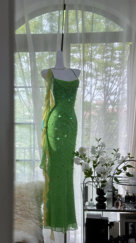 Vintage Shiny Sequin Green Spaghetti Strap Design A-line Romantic Chiffon Evening Dress Prom Dress D1505