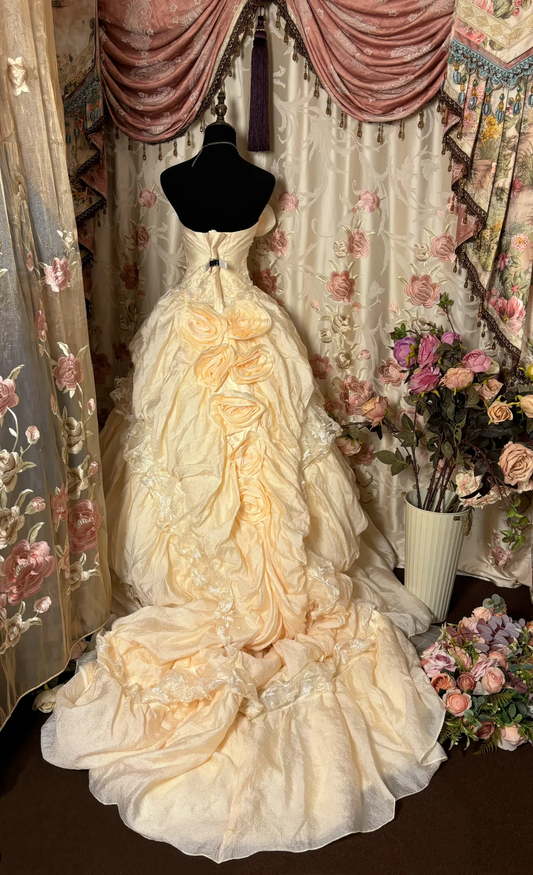 Robe de soirée longue style rétro sans bretelles, coupe trapèze, couleur champagne, D629