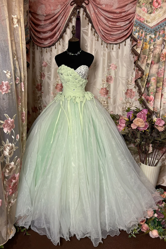 Robe de soirée longue vintage en tulle vert clair, coupe trapèze, décolleté en cœur, D632