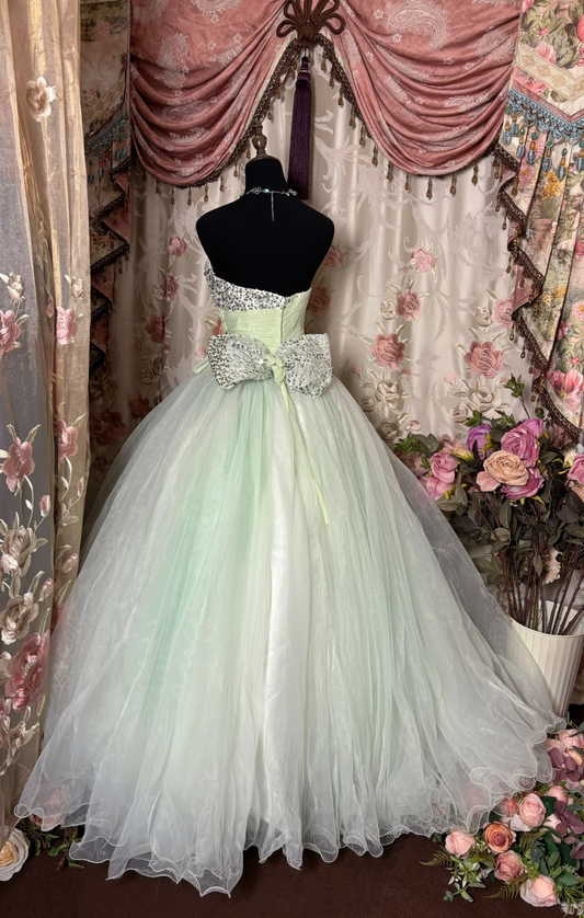 Robe de soirée longue vintage en tulle vert clair, coupe trapèze, décolleté en cœur, D632