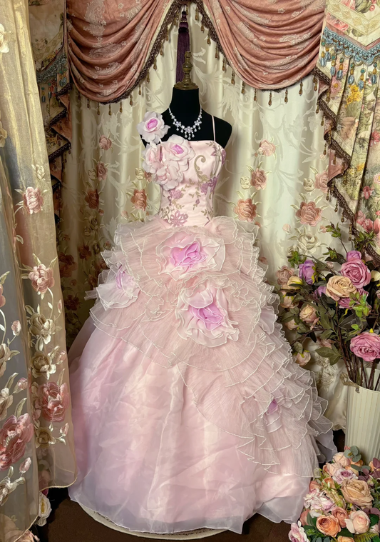 Robe de soirée longue vintage en organza à bretelles rose clair, coupe trapèze, motif floral, D633