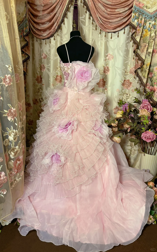 Robe de soirée longue vintage en organza à bretelles rose clair, coupe trapèze, motif floral, D633