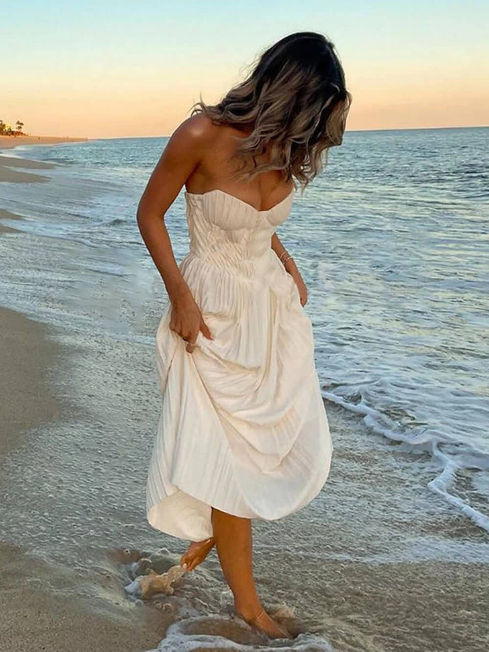 White Strapless A-Line Chiffon Long Party Dress Fashion Evening Party Dress, D636