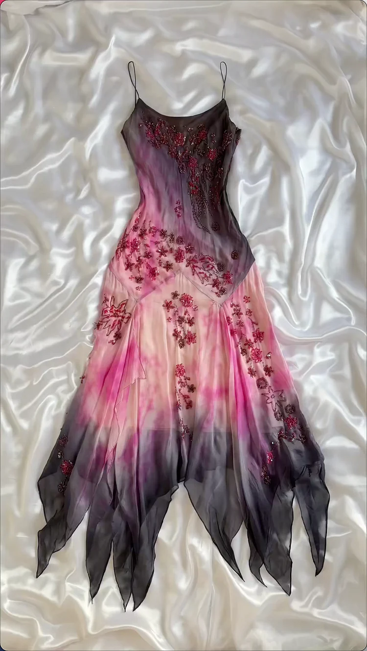 Vintage Spaghetti Straps Ombre Sheath Beading Chiffon Long Party Dress, D639