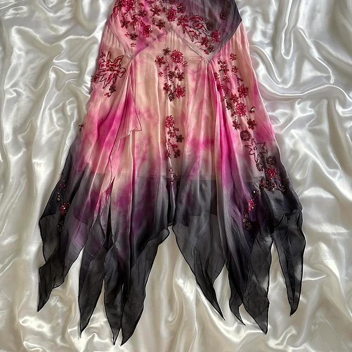 Vintage Spaghetti Straps Ombre Sheath Beading Chiffon Long Party Dress, D639