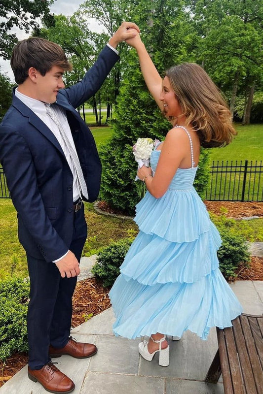 Blue Spaghetti Straps A-Line Tiered Long Party Dress Cute Prom Dress, D644