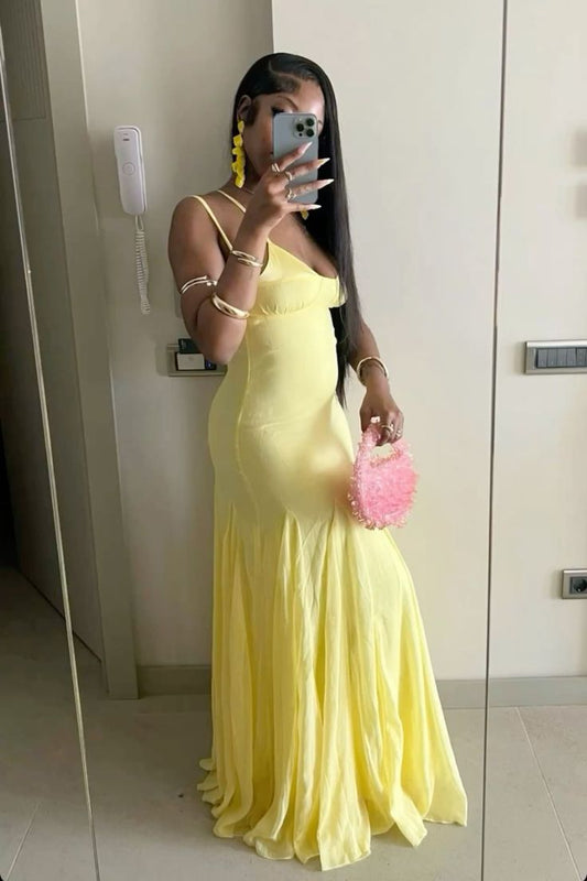 Sexy Yellow Spaghetti Straps Sheath Long Party Dress Wedding Guest Dress, D645