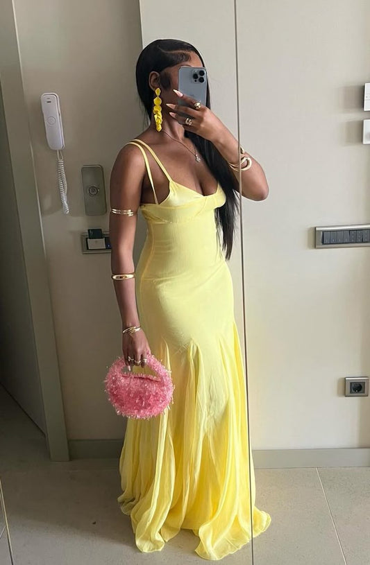 Sexy Yellow Spaghetti Straps Sheath Long Party Dress Wedding Guest Dress, D645