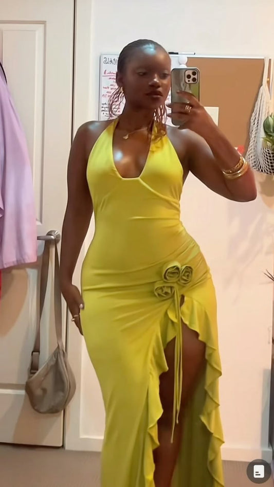 Sexy Neckholder Etuikleid mit Rüschen und Schlitz, langes Partykleid, Abendkleid, D646