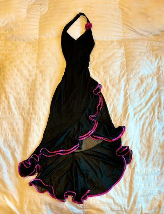 Edles schwarzes Neckholder-Etuikleid mit Rüschen im Vintage-Stil, langes Abend- und Partykleid, D647