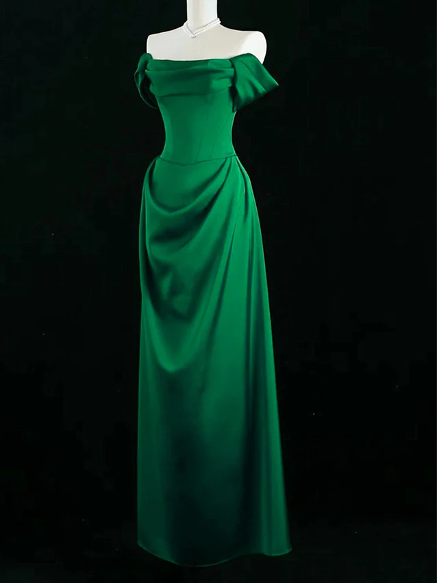 Elegant Green Off Shoulder A-Line Satin Long Formal Party Dress, D659