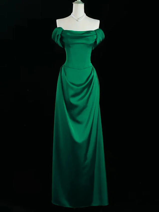 Elegant Green Off Shoulder A-Line Satin Long Formal Party Dress, D659