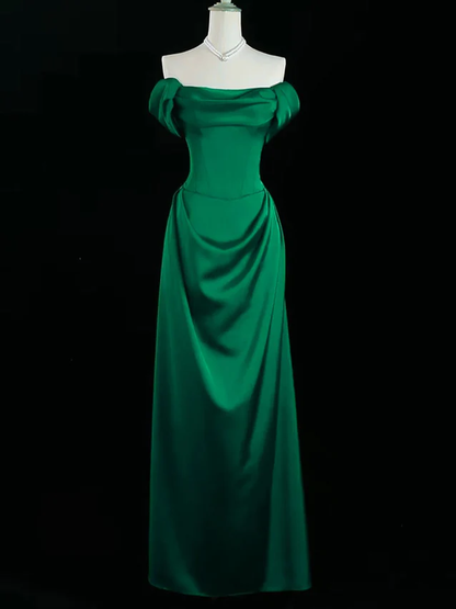 Elegant Green Off Shoulder A-Line Satin Long Formal Party Dress, D659