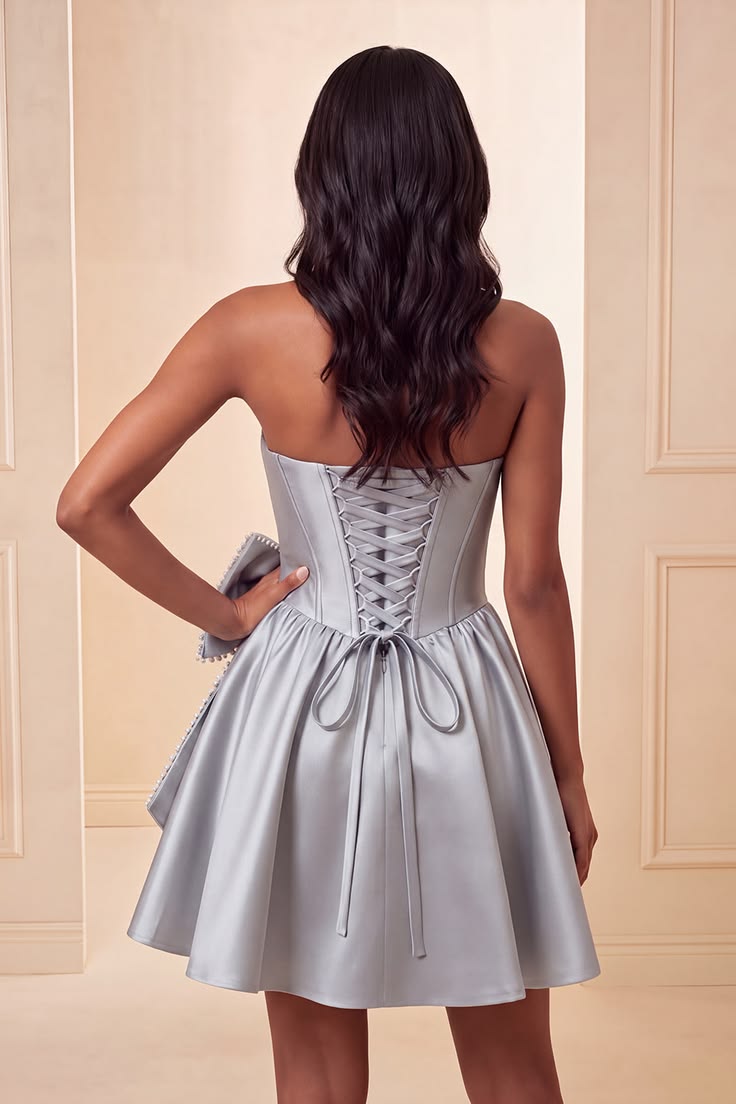 Unique Homecoming Dress Strapless Pearl Bowknot Back to School Outfits Party Dress  D7742