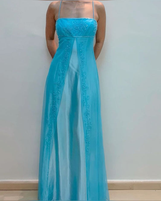 Blue Spaghetti Straps A-Line Satin Long Prom Dress Vintage Party Dress, D668