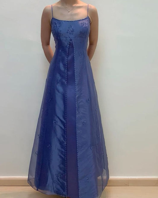 Elegant Straps A-Line Beading Satin Long Prom Dress Vintage Party Dress, D672