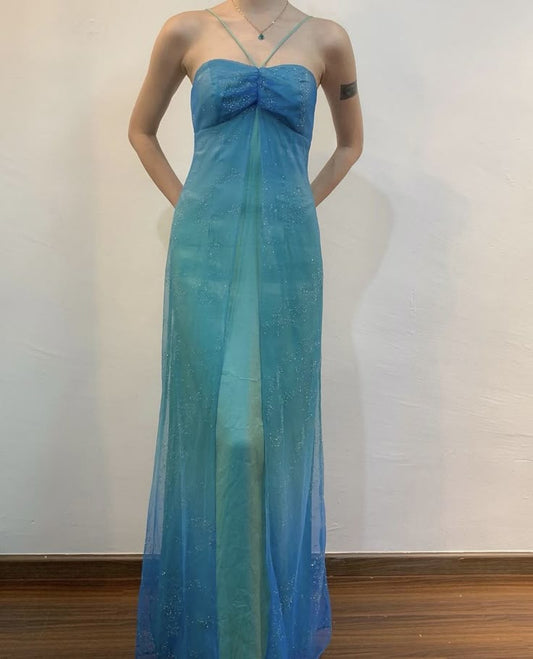 Blue Ombre Halter Straps A-Line Satin Long Prom Dress Vintage Party Dress, D673