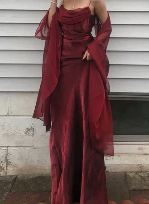 Burgundy Spaghetti Straps Sheath Long Formal Prom Dress Vintage Party Dress, D681