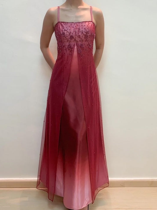 Wine Red Straps Beading A-Line Ombre Long Prom Dress Vintage Party Dress, D682