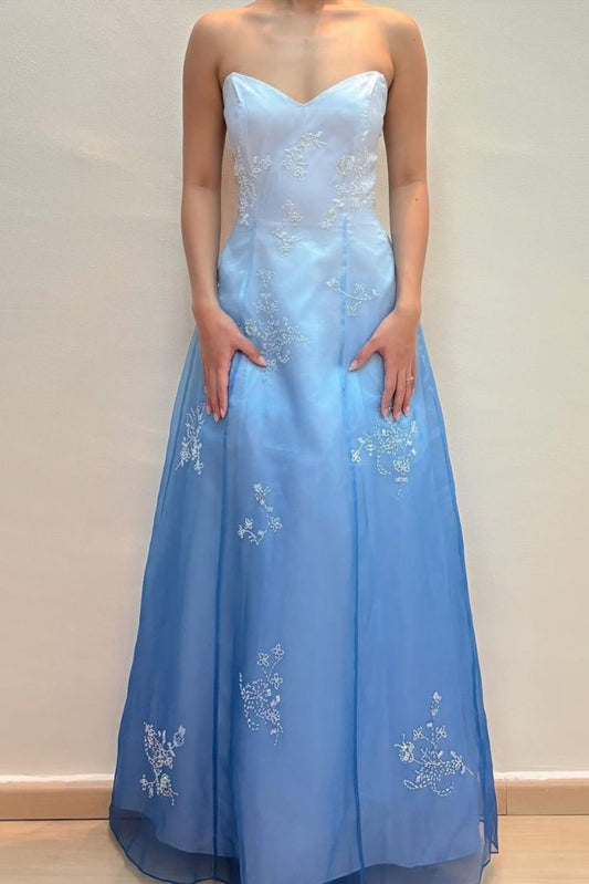 Blue Ombre Strapless A-Line Beading Satin Long Prom Dress Vintage Party Dress, D684