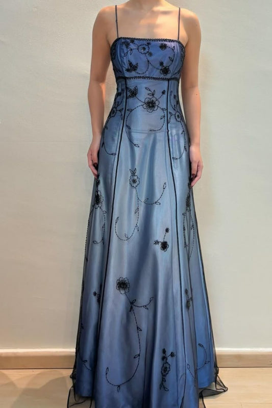 Blue Ombre Straps A-Line Beading Satin Vintage Party Dress Long Evening Dress, D685