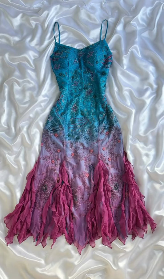 Ombre Spaghettiträger Rüschen Perlenbesetztes Etuikleid Langes Abendkleid Partykleid, D686