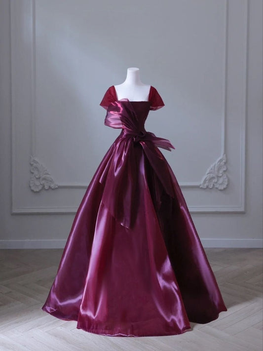 Robe de bal élégante en satin bordeaux, coupe trapèze, longue, robe de soirée, D688
