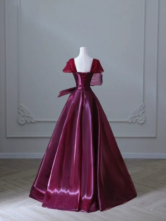 Robe de bal élégante en satin bordeaux, coupe trapèze, longue, robe de soirée, D688