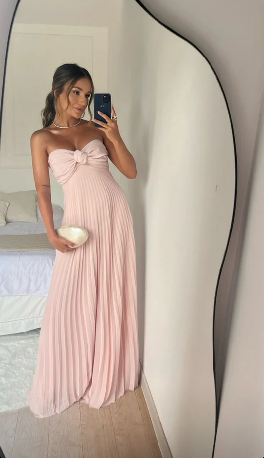Pretty Pink A-Line Strapless Chiffon Long Party Dress Wedding Guest Dress, D689