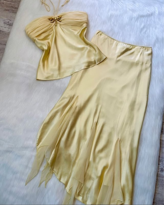 Robe de soirée longue en satin jaune clair, deux pièces, col licou, robe de plage, D690
