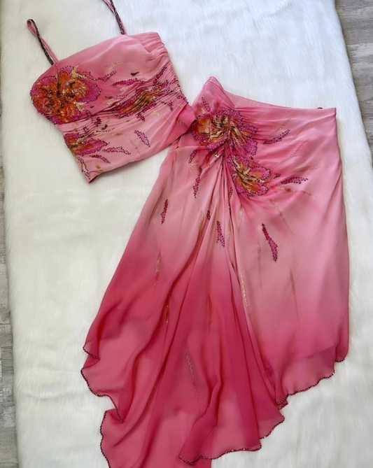 Robe fourreau longue en mousseline de soie rose ombré à bretelles, deux pièces, robe de soirée, robe de plage, D691
