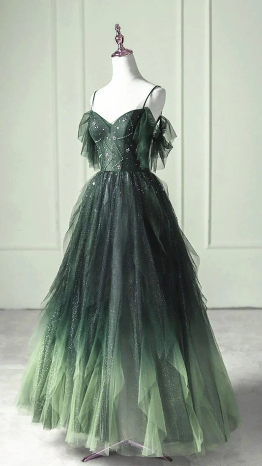 Robe de bal élégante en tulle vert, longue, épaules dénudées, coupe trapèze, à bretelles, D692